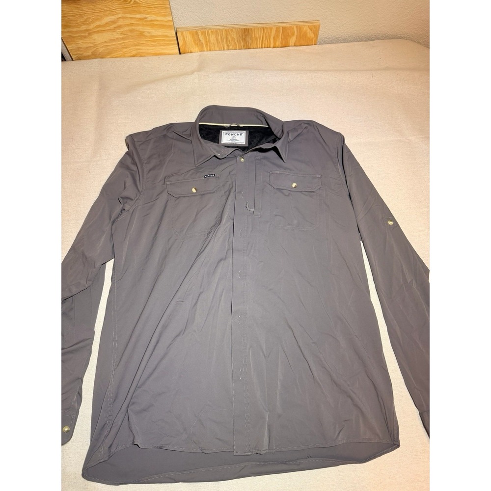 Poncho Gray Button Up Long Sleeve Regular Fit Shirt Men's XXL Magnetic Pockets